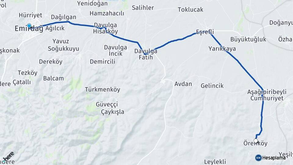 Afyonkarahisar Emirdağ Örenköy Emirdağ Arası Kaç Km - Yol Haritası