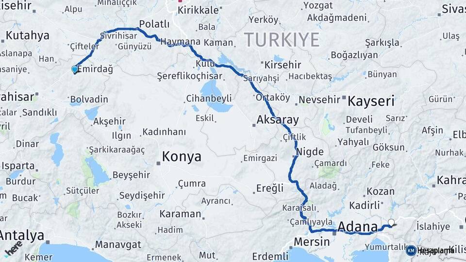 Afyonkarahisar Emirdağ Osmaniye Arası Kaç Km - Yol Haritası