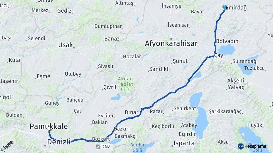Afyonkarahisar Emirdağ Pamukkale Denizli Arası Kaç Km - Yol Haritası
