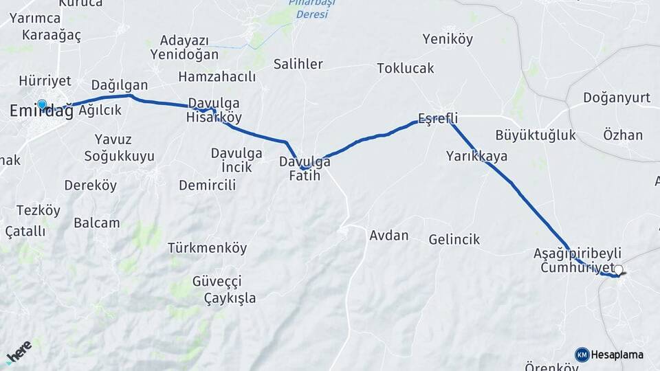 Afyonkarahisar Emirdağ Piribeyli Yunak Konya Arası Kaç Km - Yol Haritası