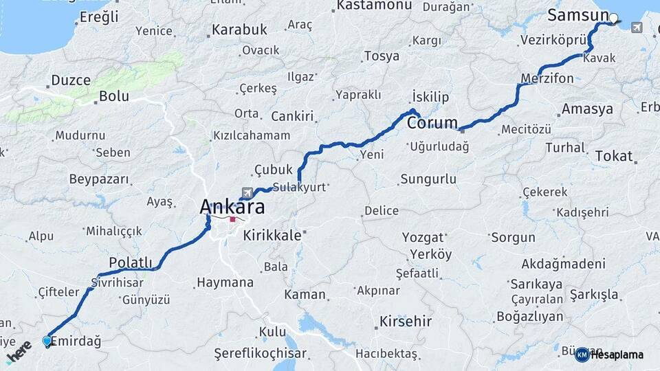 Afyonkarahisar Emirdağ Samsun Arası Kaç Km - Yol Haritası