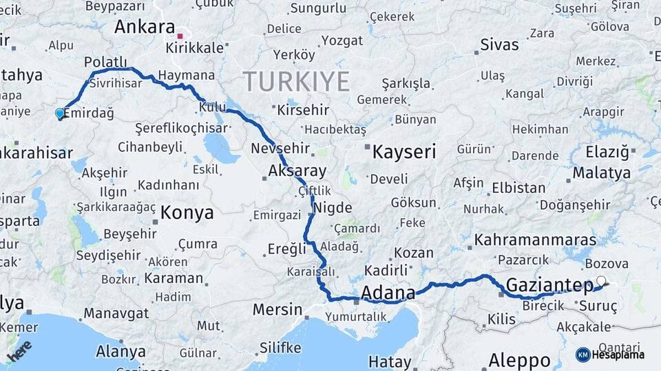 Afyonkarahisar Emirdağ Şanlıurfa Arası Kaç Km - Yol Haritası