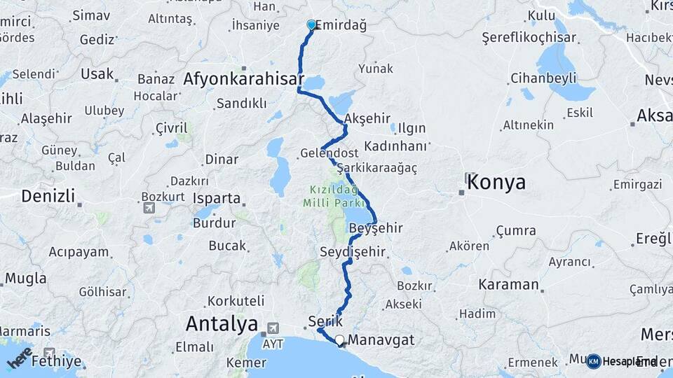 Afyonkarahisar Emirdağ Side Manavgat Antalya Arası Kaç Km - Yol Haritası