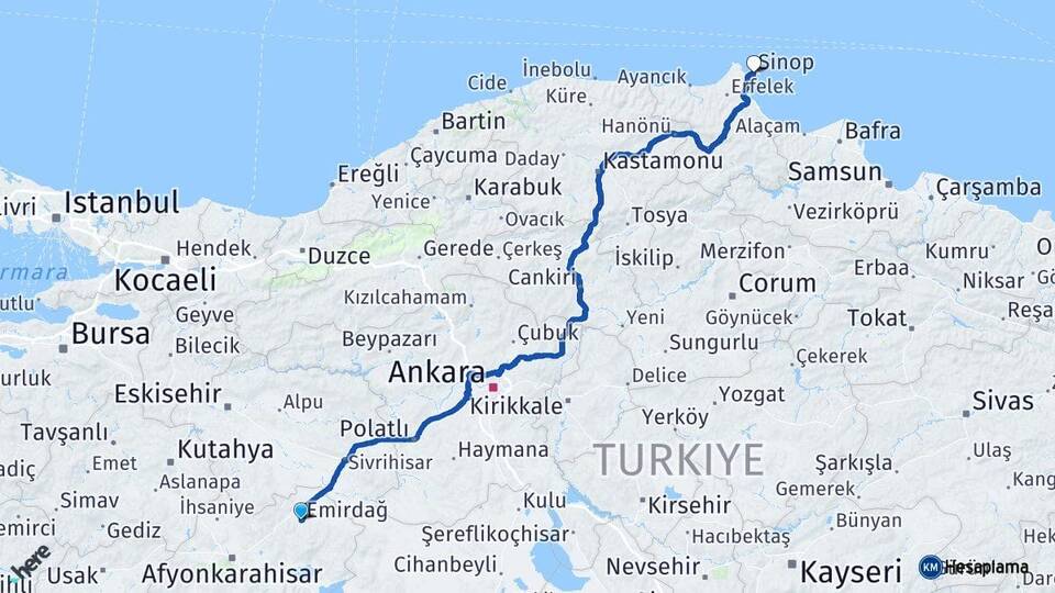 Afyonkarahisar Emirdağ Sinop Arası Kaç Km - Yol Haritası