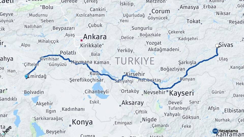 Afyonkarahisar Emirdağ Sivas Arası Kaç Km - Yol Haritası