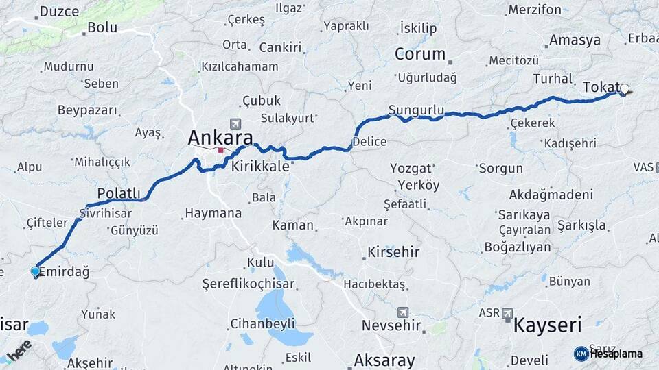 Afyonkarahisar Emirdağ Tokat Arası Kaç Km - Yol Haritası