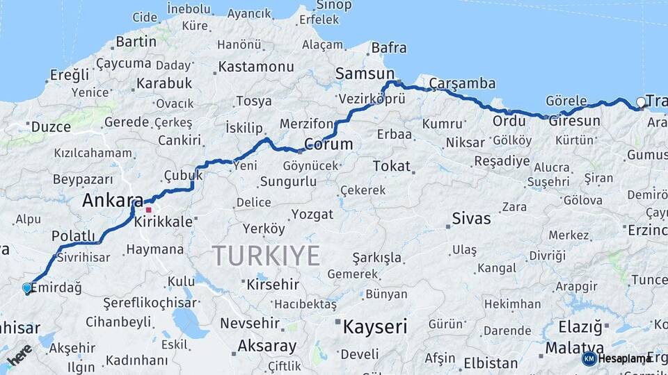 Afyonkarahisar Emirdağ Trabzon Arası Kaç Km - Yol Haritası