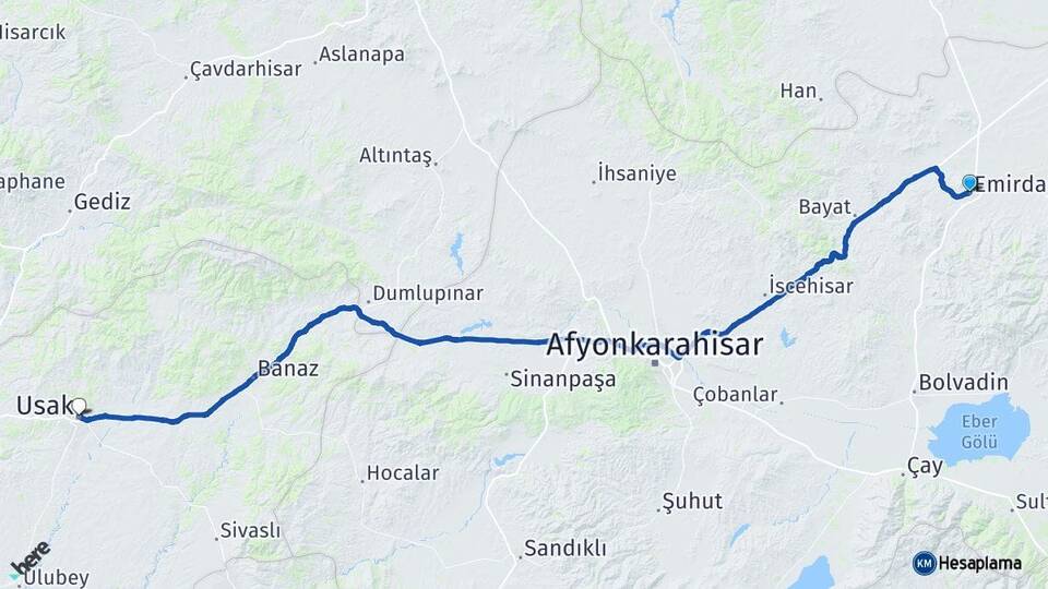 Afyonkarahisar Emirdağ Uşak Arası Kaç Km - Yol Haritası