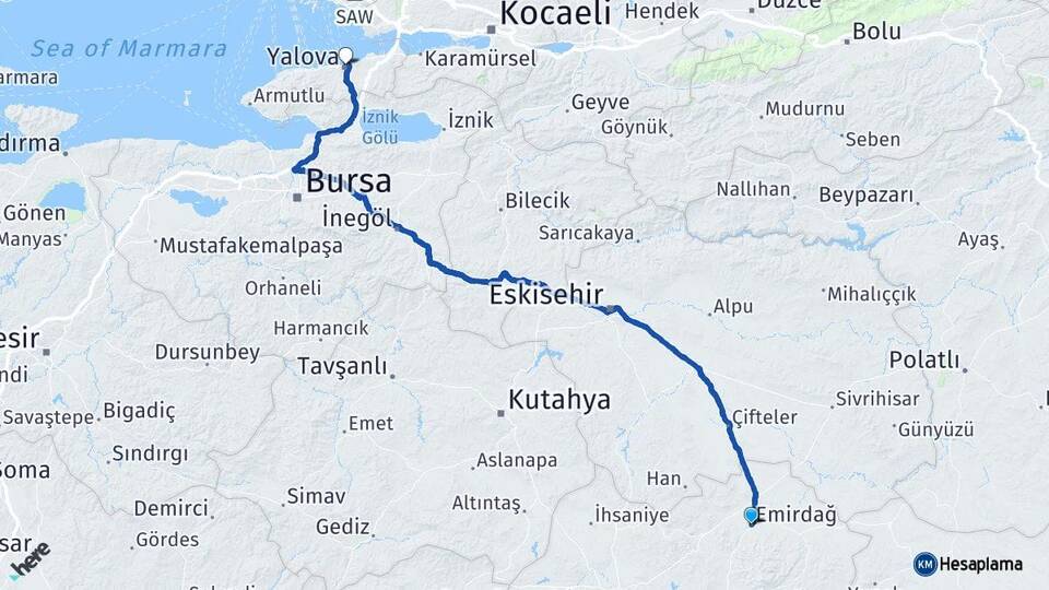 Afyonkarahisar Emirdağ Yalova Arası Kaç Km - Yol Haritası