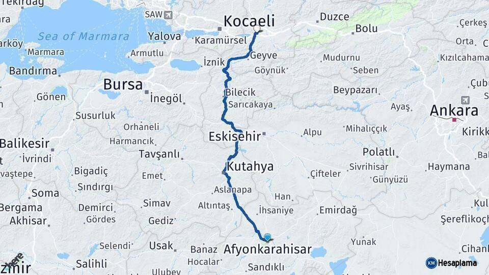 Afyonkarahisar Erenler Sakarya Arası Kaç Km - Yol Haritası