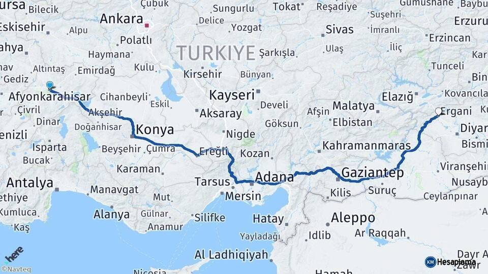 Afyonkarahisar Ergani Diyarbakır Arası Kaç Km - Yol Haritası