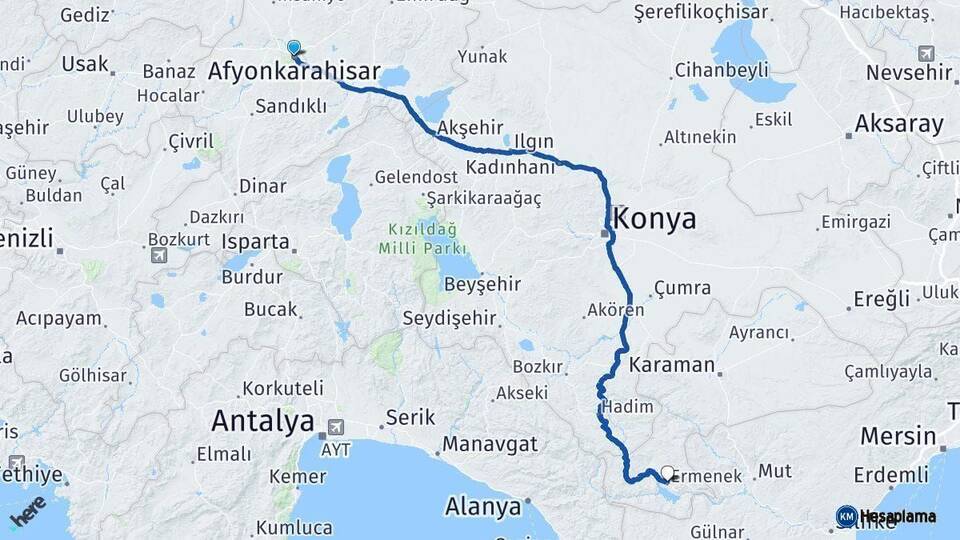 Afyonkarahisar Ermenek Karaman Arası Kaç Km - Yol Haritası