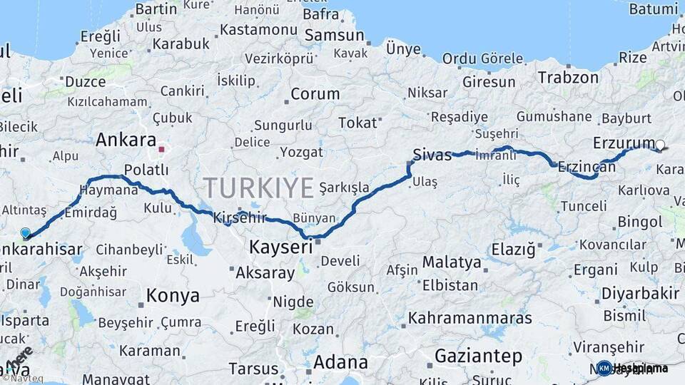 Afyonkarahisar Erzurum Arası Kaç Km - Yol Haritası