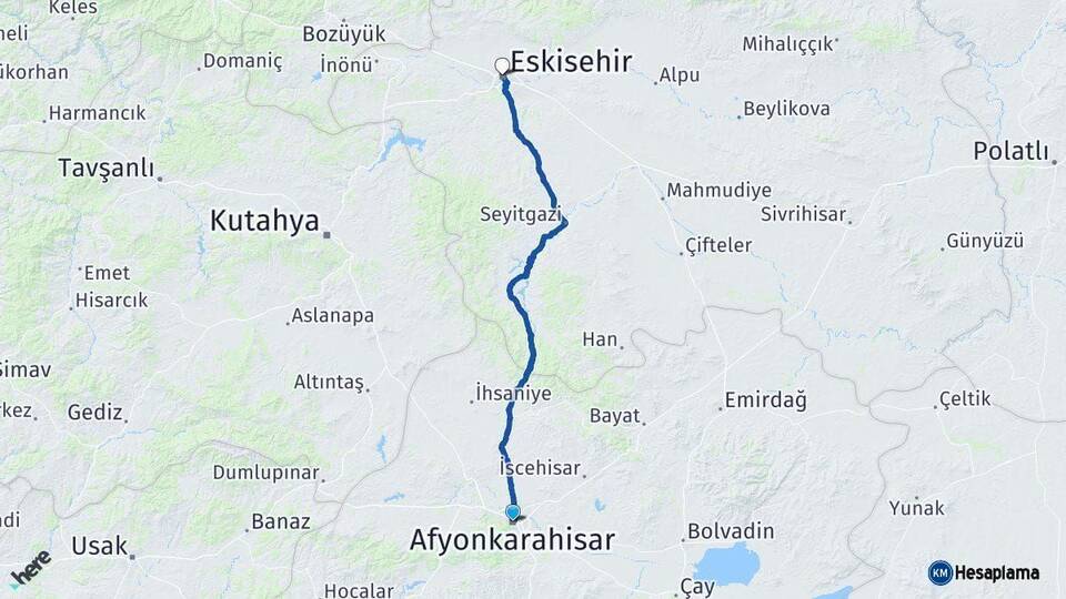Afyonkarahisar Eskişehir Arası Kaç Km - Yol Haritası