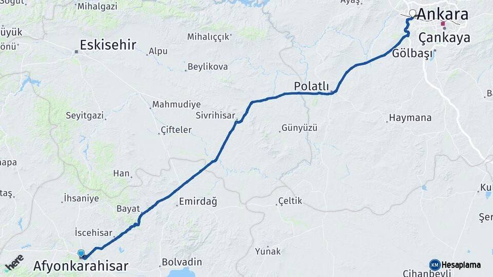 Afyonkarahisar Etimesgut Ankara Arası Kaç Km - Yol Haritası