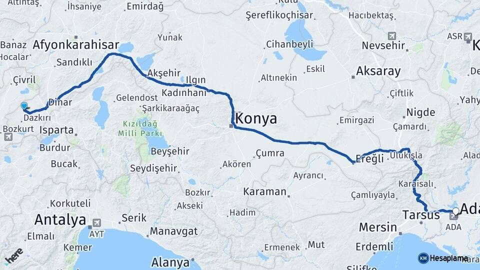 Afyonkarahisar Evciler Adana Arası Kaç Km - Yol Haritası