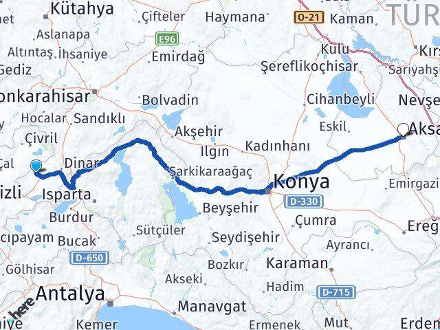 Afyonkarahisar Evciler Aksaray Arası Kaç Km - Yol Haritası