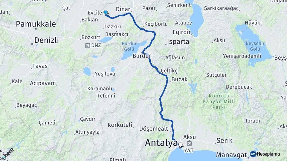 Afyonkarahisar Evciler Antalya Arası Kaç Km - Yol Haritası