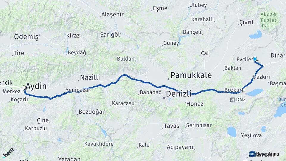 Afyonkarahisar Evciler Aydın Arası Kaç Km - Yol Haritası