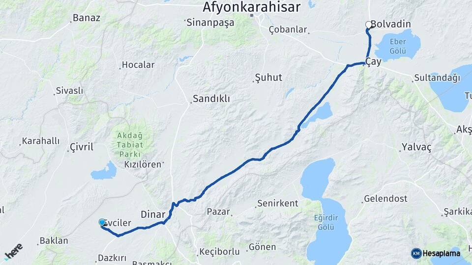 Afyonkarahisar Evciler Bolvadin Arası Kaç Km - Yol Haritası