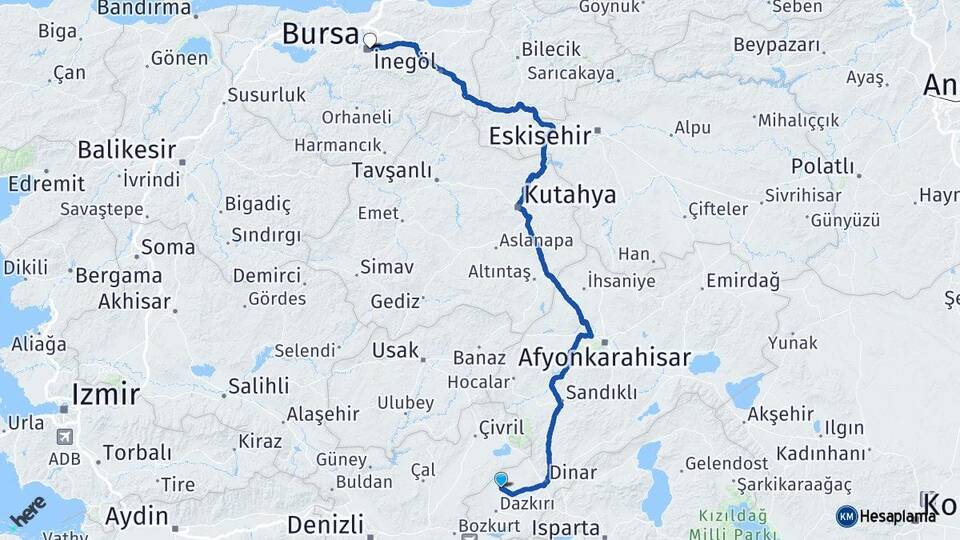 Afyonkarahisar Evciler Bursa Arası Kaç Km - Yol Haritası