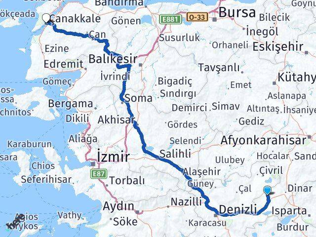 Afyonkarahisar Evciler Çanakkale Arası Kaç Km - Yol Haritası