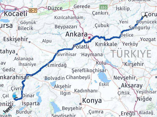 Afyonkarahisar Evciler Çorum Arası Kaç Km - Yol Haritası