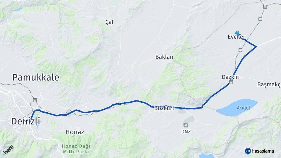 Afyonkarahisar Evciler Denizli Arası Kaç Km - Yol Haritası