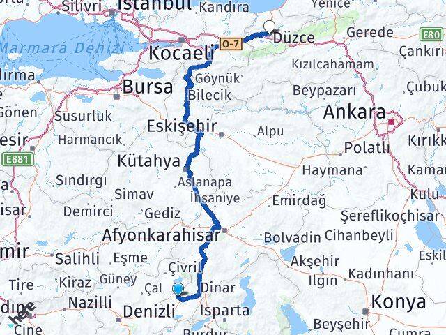 Afyonkarahisar Evciler Düzce Arası Kaç Km - Yol Haritası