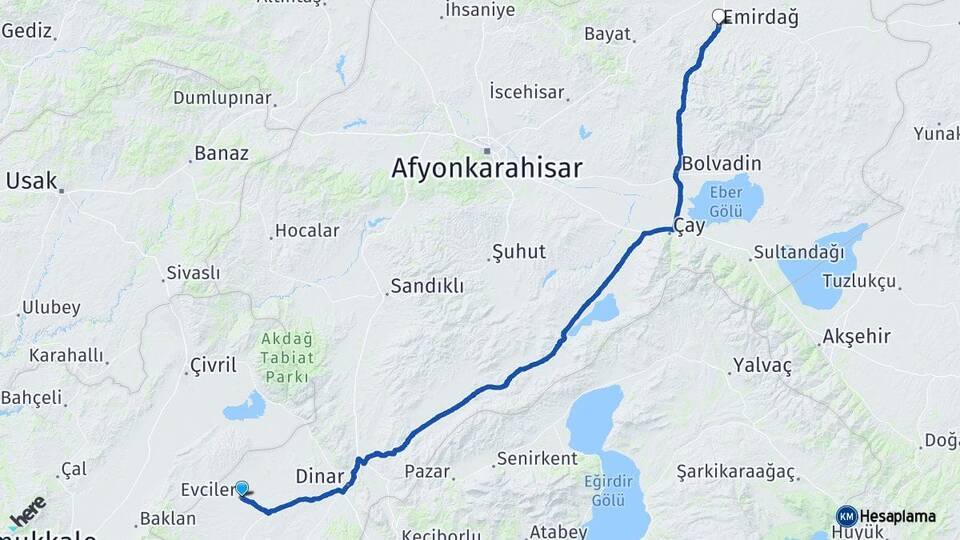 Afyonkarahisar Evciler Emirdağ Arası Kaç Km - Yol Haritası
