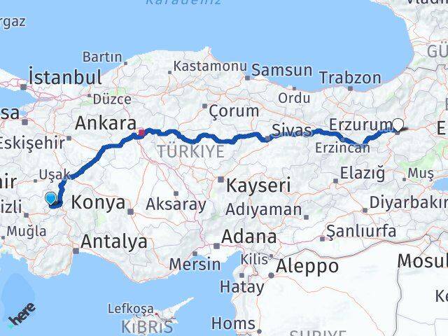 Afyonkarahisar Evciler Erzurum Arası Kaç Km - Yol Haritası