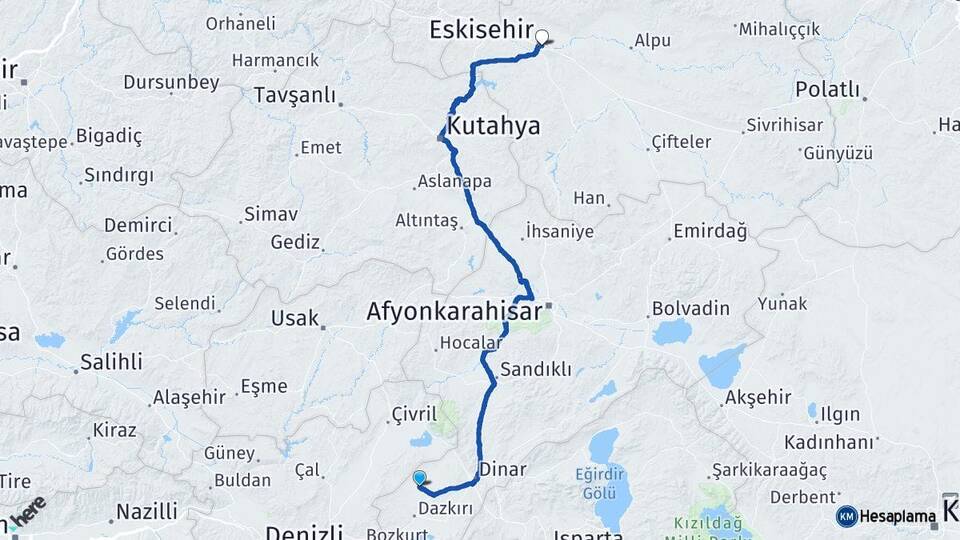 Afyonkarahisar Evciler Eskişehir Arası Kaç Km - Yol Haritası