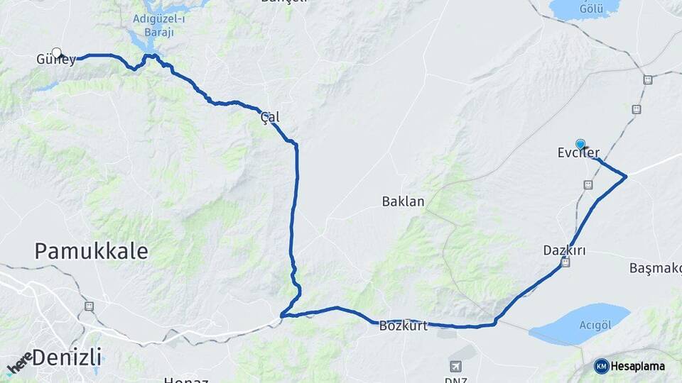 Afyonkarahisar Evciler Güney Denizli Arası Kaç Km - Yol Haritası