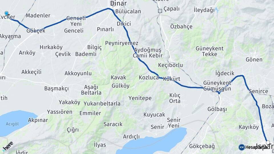 Afyonkarahisar Evciler Isparta Arası Kaç Km - Yol Haritası