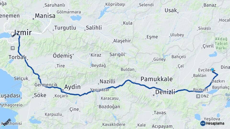 Afyonkarahisar Evciler İzmir Arası Kaç Km - Yol Haritası