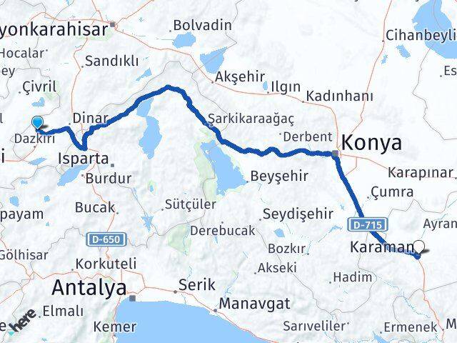 Afyonkarahisar Evciler Karaman Arası Kaç Km - Yol Haritası