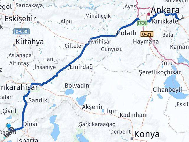 Afyonkarahisar Evciler Kırıkkale Arası Kaç Km - Yol Haritası