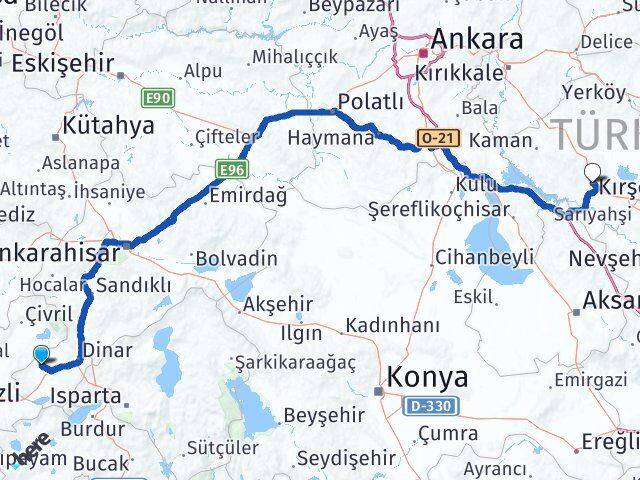 Afyonkarahisar Evciler Kırşehir Arası Kaç Km - Yol Haritası