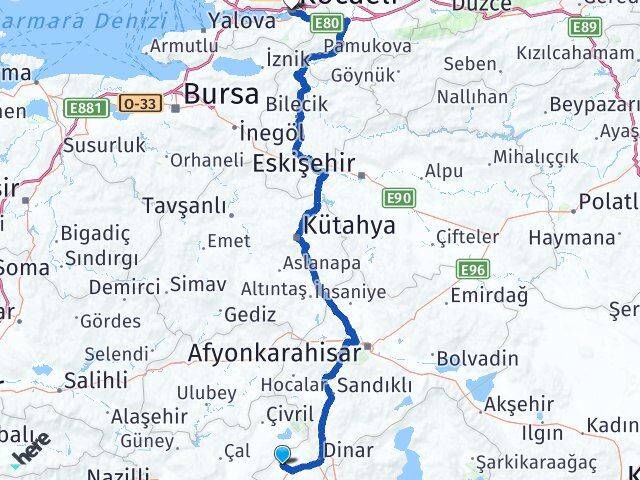 Afyonkarahisar Evciler Kocaeli Arası Kaç Km - Yol Haritası