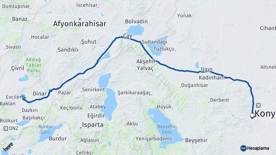 Afyonkarahisar Evciler Konya Arası Kaç Km - Yol Haritası