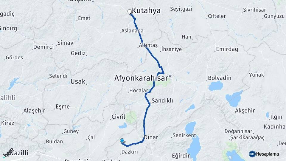 Afyonkarahisar Evciler Kütahya Arası Kaç Km - Yol Haritası
