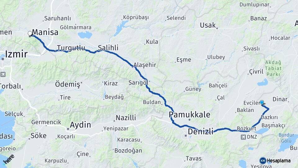 Afyonkarahisar Evciler Manisa Arası Kaç Km - Yol Haritası