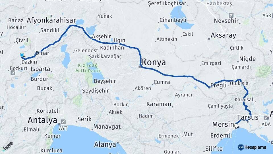 Afyonkarahisar Evciler Mersin Arası Kaç Km - Yol Haritası