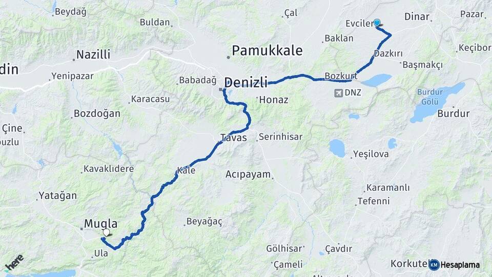 Afyonkarahisar Evciler Muğla Arası Kaç Km - Yol Haritası