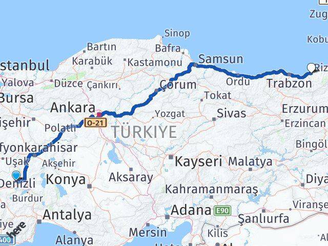 Afyonkarahisar Evciler Rize Arası Kaç Km - Yol Haritası