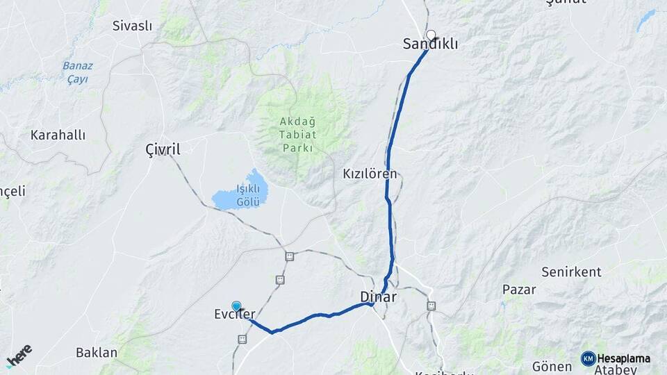 Afyonkarahisar Evciler Sandıklı Arası Kaç Km - Yol Haritası