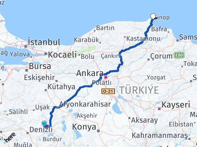 Afyonkarahisar Evciler Sinop Arası Kaç Km - Yol Haritası