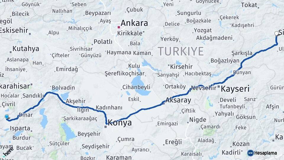 Afyonkarahisar Evciler Sivas Arası Kaç Km - Yol Haritası