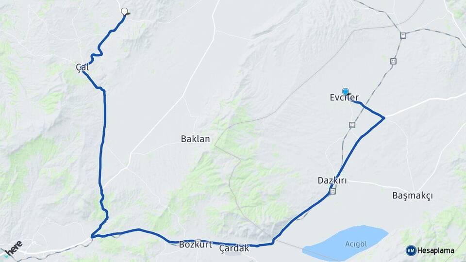 Afyonkarahisar Evciler Süller Çal Denizli Arası Kaç Km - Yol Haritası