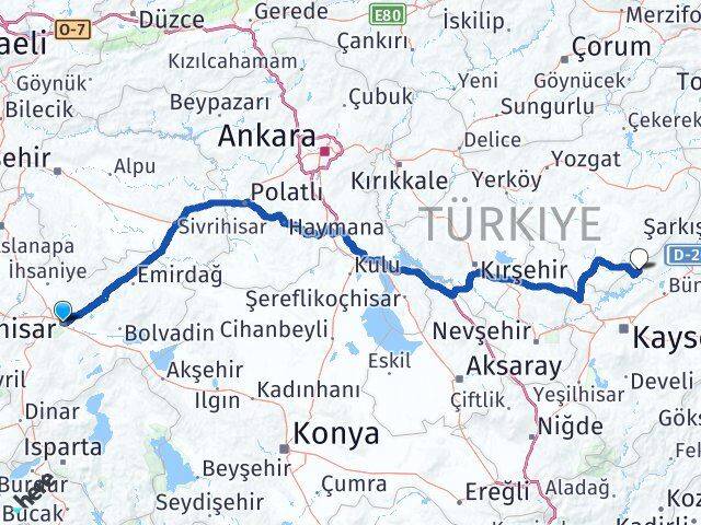 Afyonkarahisar Felahiye Kayseri Arası Kaç Km - Yol Haritası